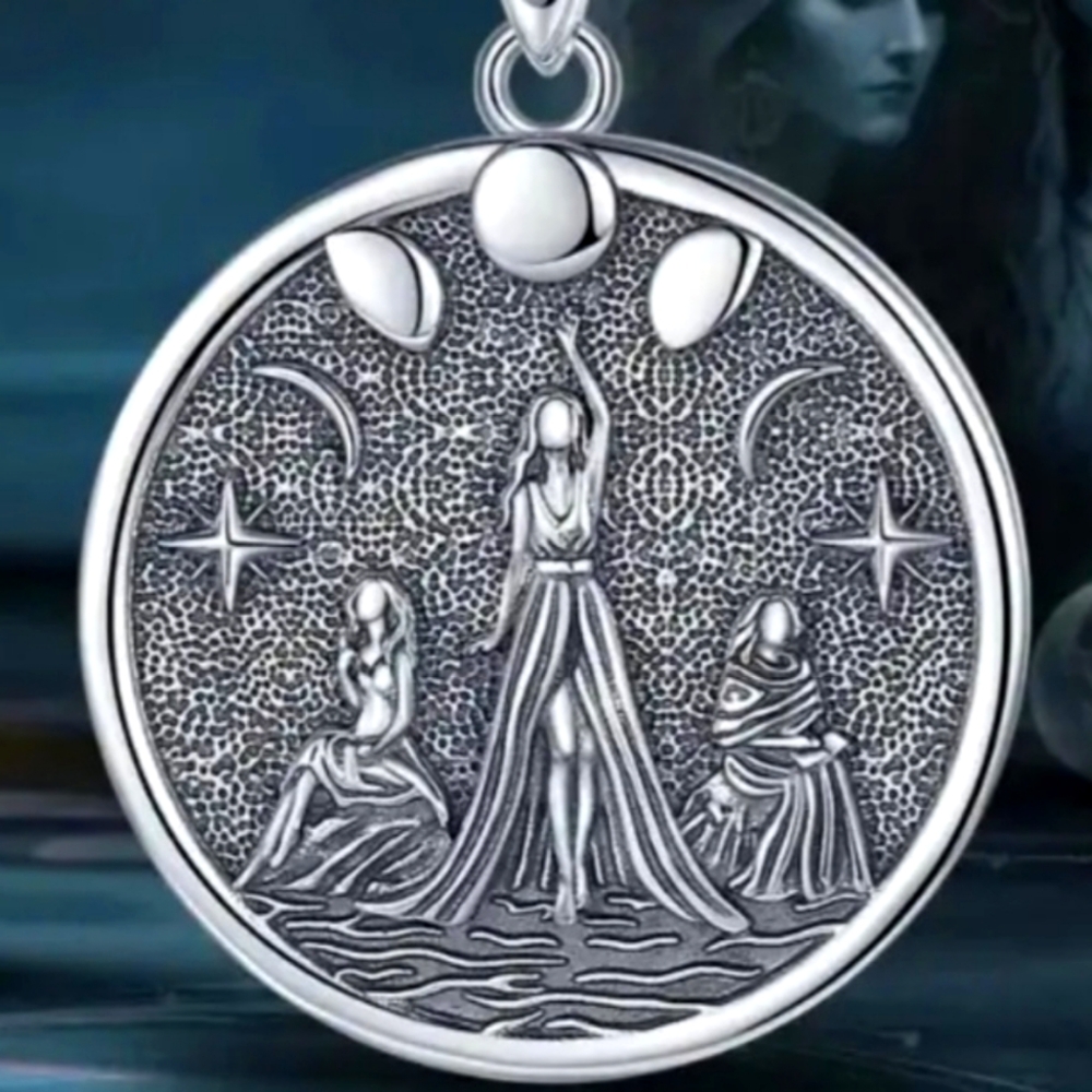 Triple Goddess Silver Medal Pendant Necklace Maiden, Mother Crone